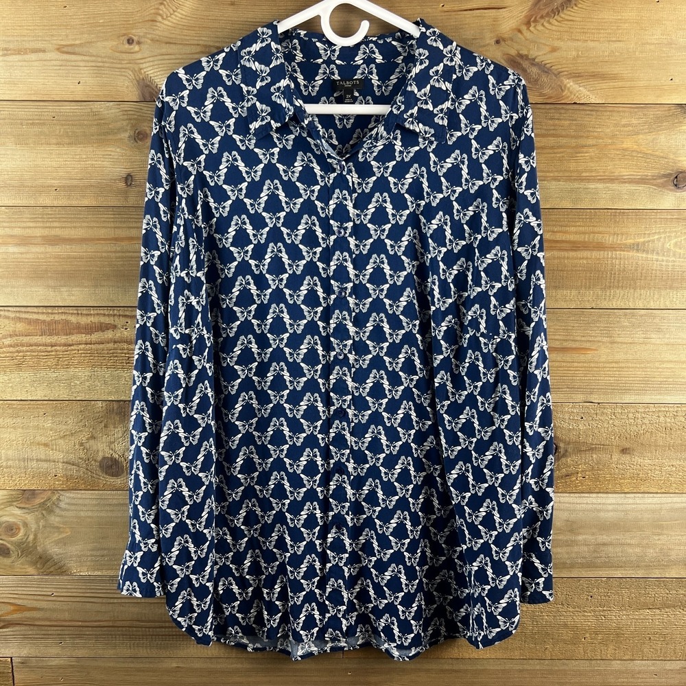 Talbots Womens Shirt Long Sleeve Button Up Rayon‎ Butterfly Print Navy Preppy 2X